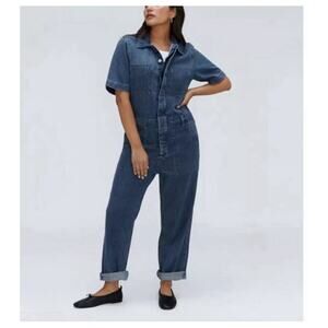 Everlane The Short Sleeve Denim Overall Button Up Blue Jumpsuit Organic Cotton 8